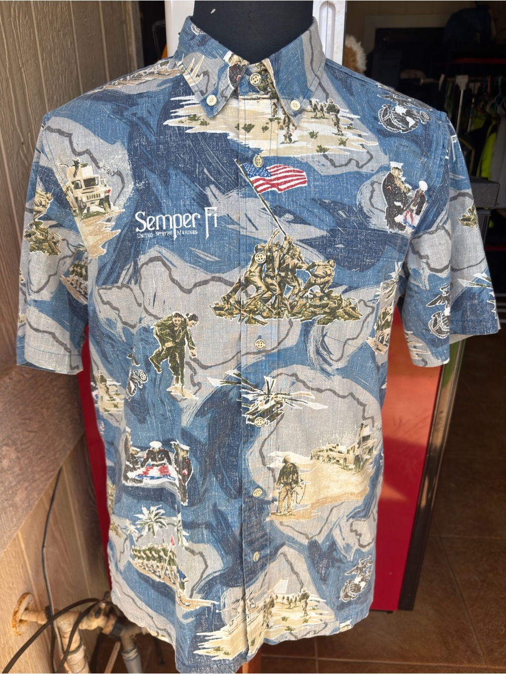 PreOwned Reyn Spooner Blue Marines Semper Fi Hawaiian Shirt Button Up Men's M